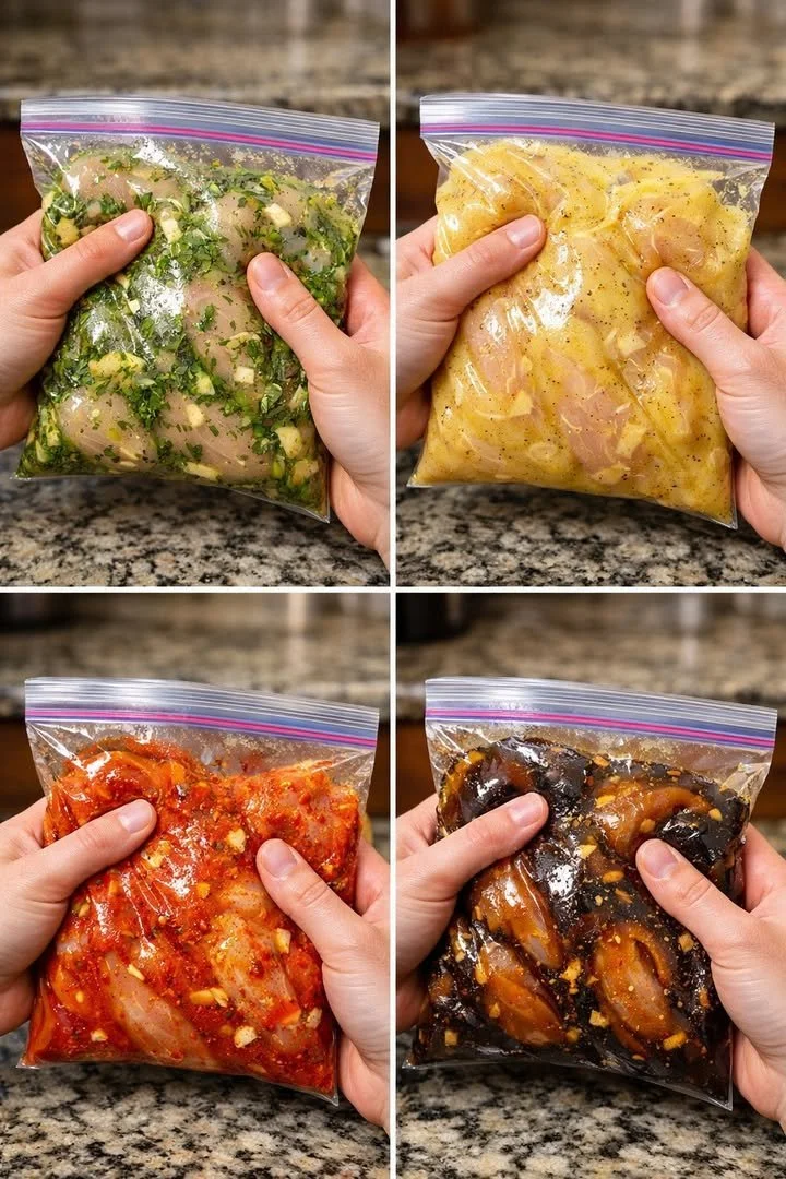 Four bowls of chicken marinades for meal prep