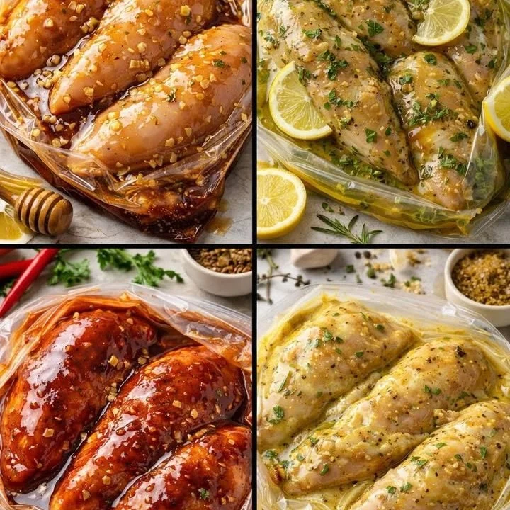 Four flavorful chicken marinades ready for grilling or baking.