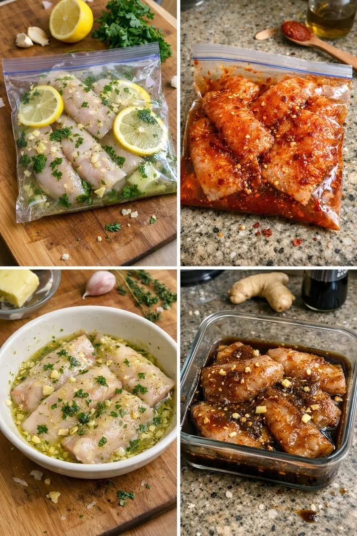 Four delicious fish fillet marinades for grilling or baking fish.