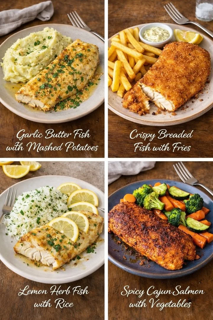 Four delicious fish fillet recipes served with complementary sides.
