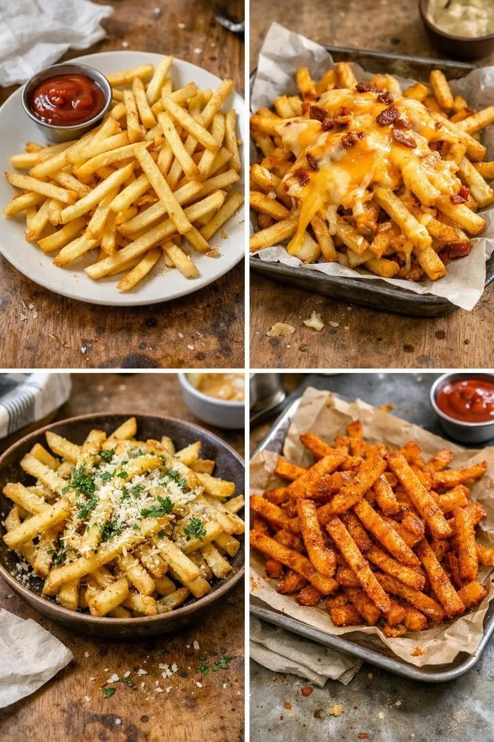 Delicious homemade French fries with various seasonings and dips