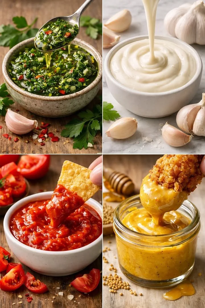 Four bowls of homemade sauces including tomato, pesto, barbecue, and ranch.