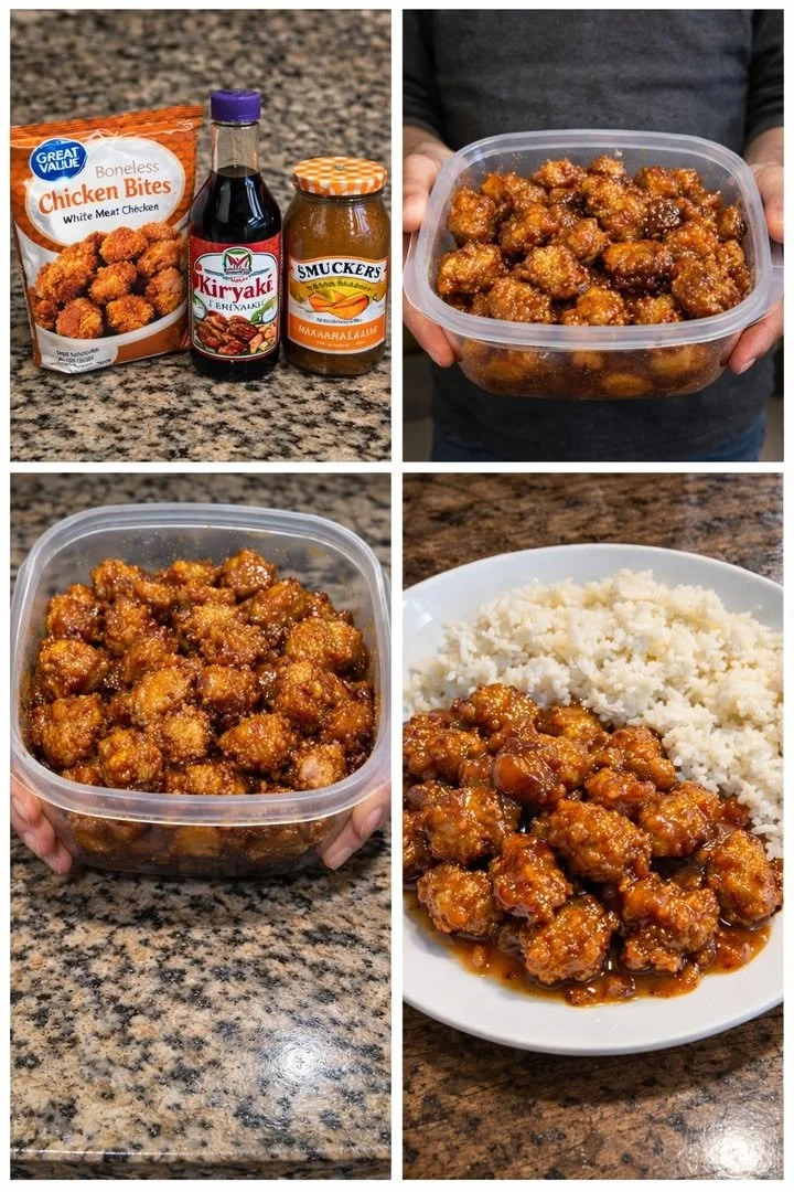 Delicious 4-ingredient orange chicken served with rice and garnished with green onions