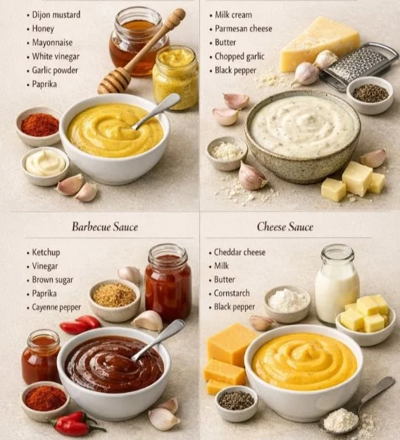 Four delicious homemade sauces in jars on a kitchen countertop.