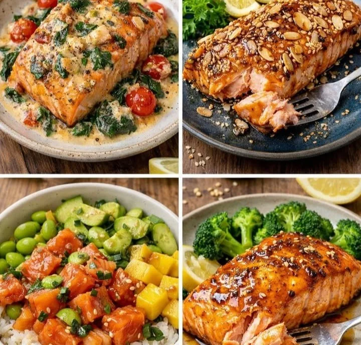 Plate of four different salmon recipes showcasing healthy meals