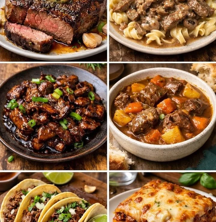 A variety of homemade beef recipes on a kitchen counter