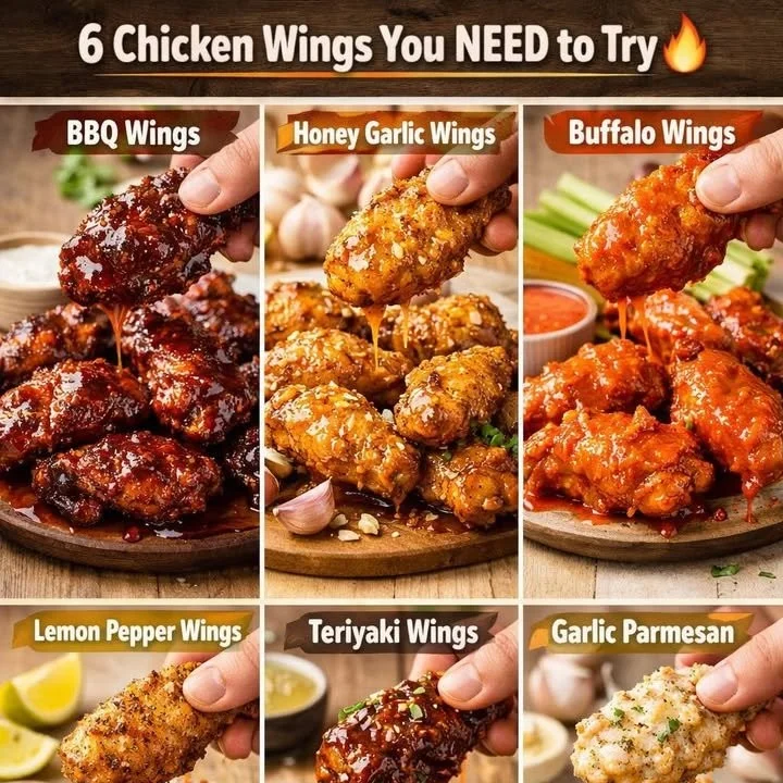 A plate of chicken wings featuring six different flavors.