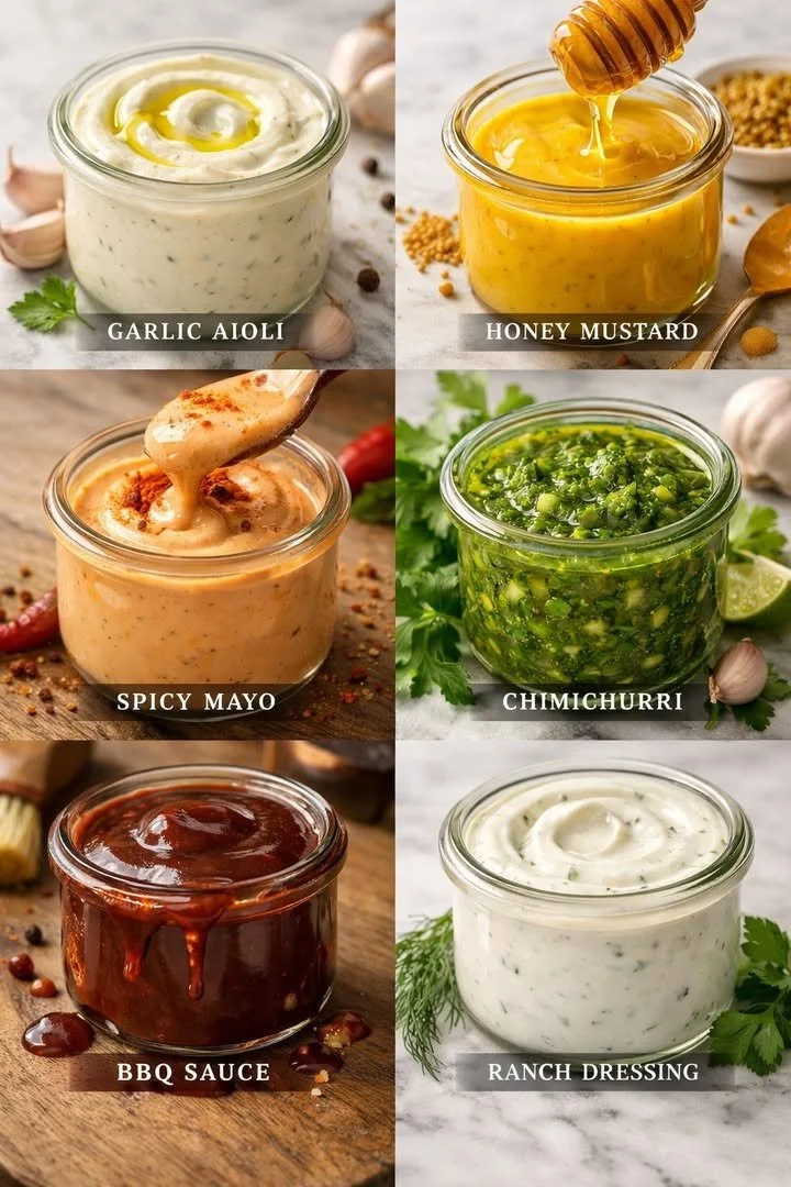 Variety of homemade sauces in jars on a kitchen counter