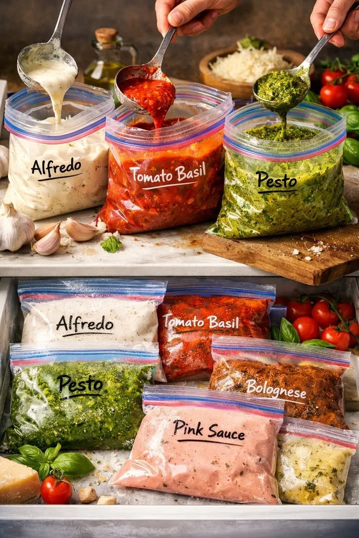 Six different pasta sauces displayed in bowls on a wooden table