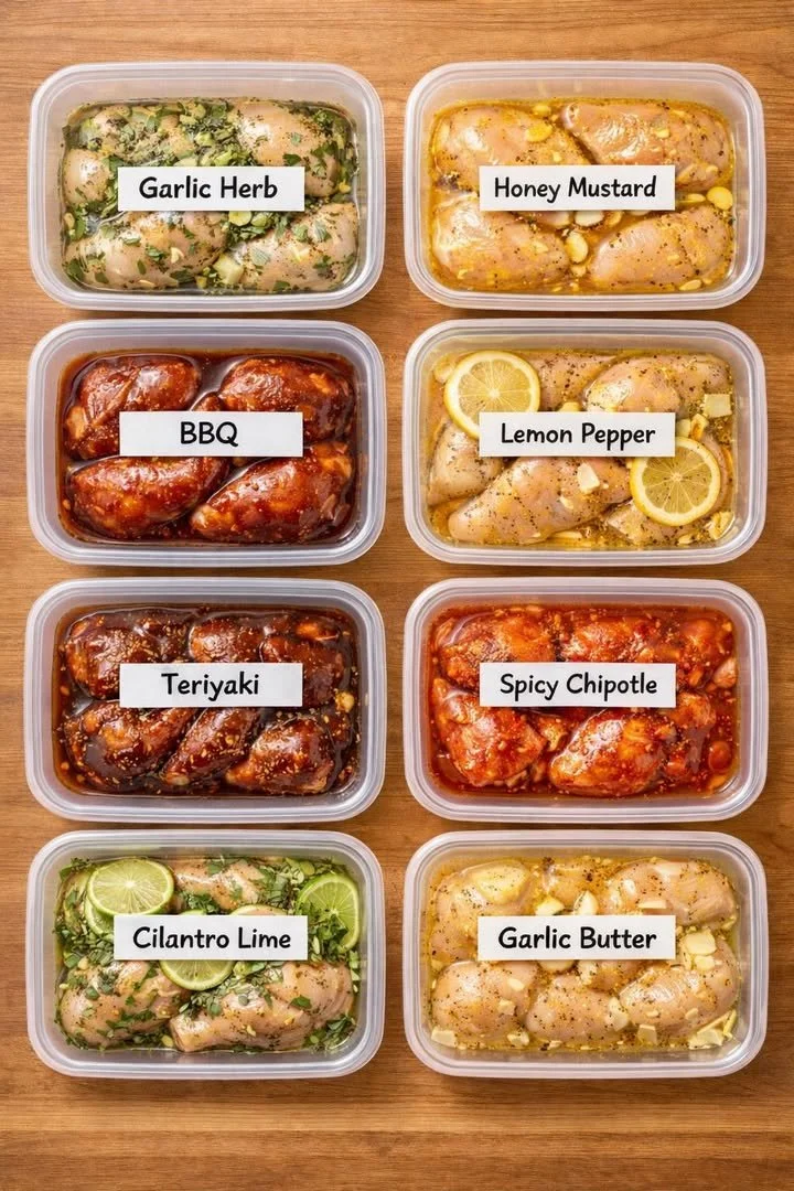Variety of chicken marinades in jars, perfect for easy meal prep