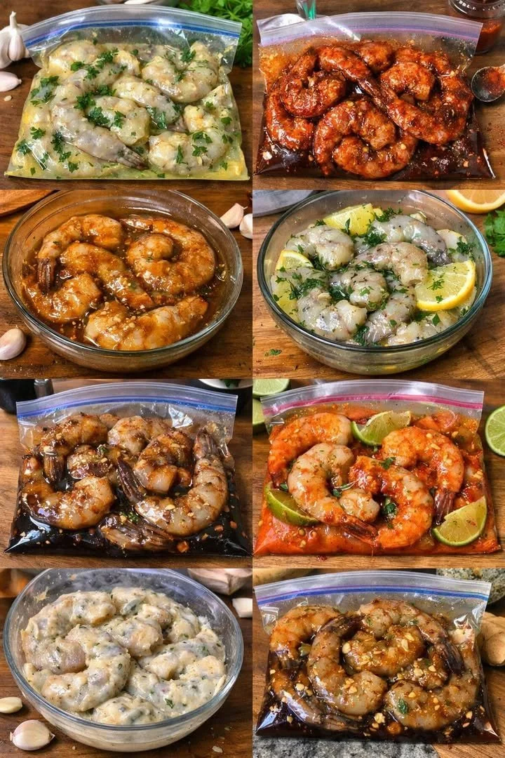 A plate of jumbo shrimp marinated and ready for grilling, showcasing diverse flavors.
