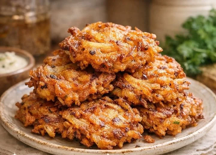 Crispy Amish onion fritters served as a delicious snack or appetizer.