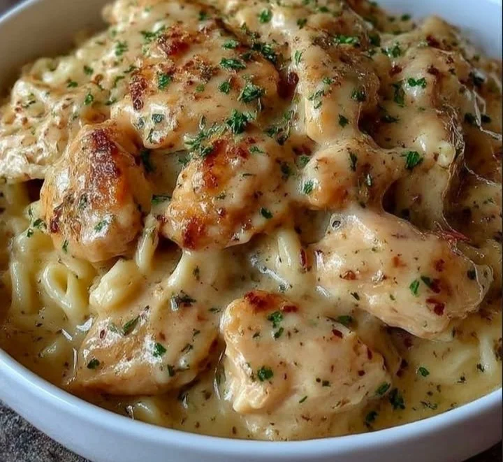 Plate of delicious Angel Chicken served with creamy sauce and herbs
