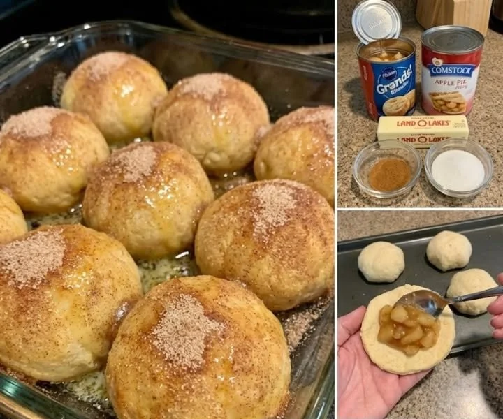 Apple pie bombs with flaky crust and apple filling on a wooden table