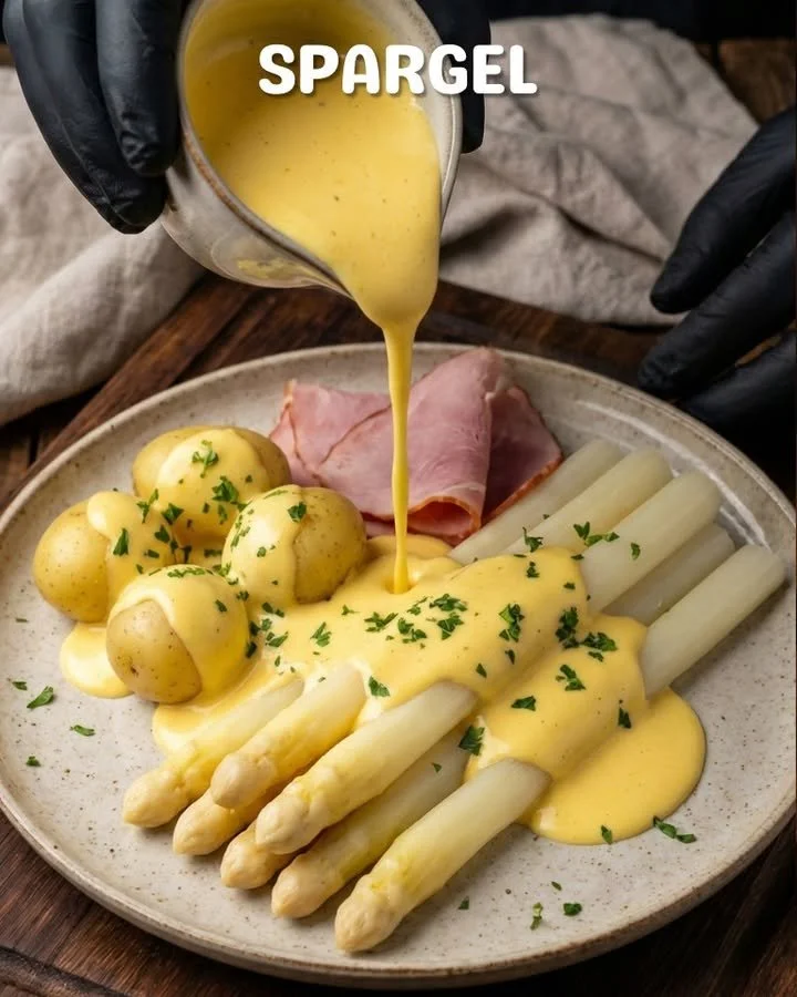 Plate of asparagus with boiled potatoes and hollandaise sauce