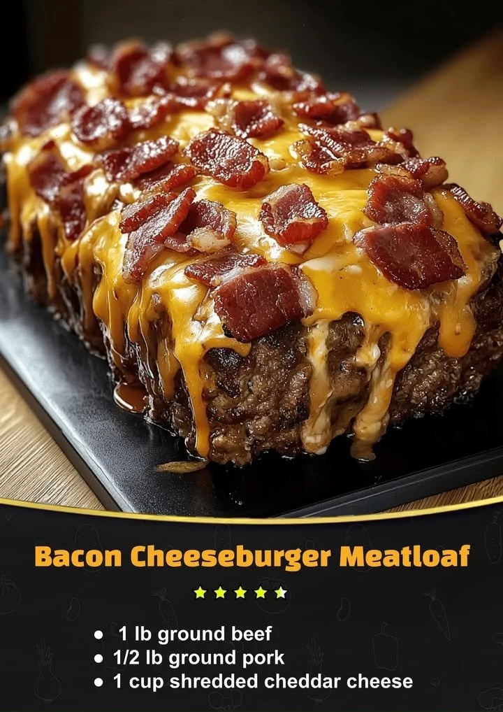 Delicious Bacon Cheeseburger Meatloaf topped with cheese and bacon
