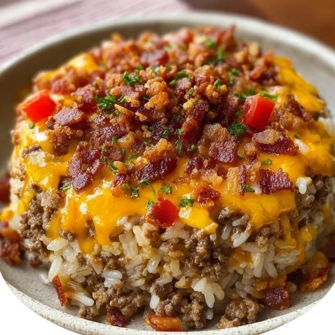 Bacon Cheeseburger Rice Skillet with melted cheese and crispy bacon