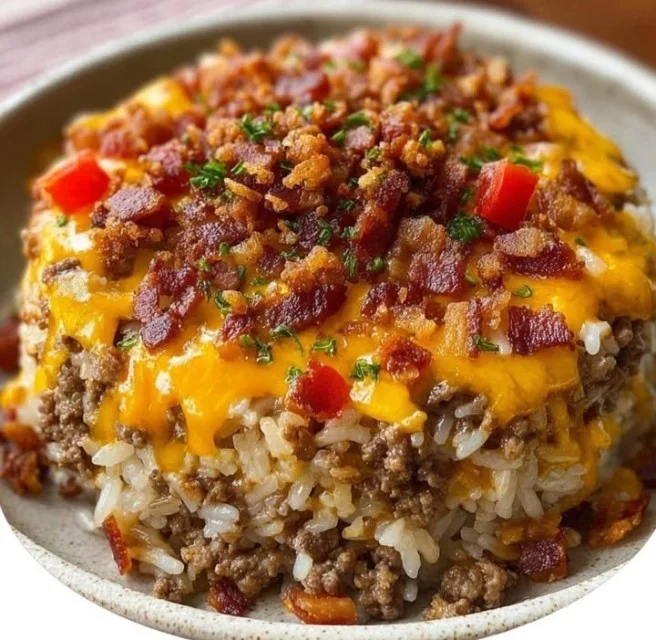 Bacon cheeseburger rice skillet with melted cheese and crispy bacon on top