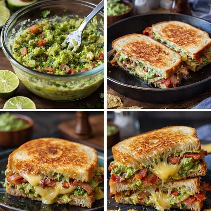 Bacon Guacamole Grilled Cheese Sandwich with melted cheese and crispy bacon.