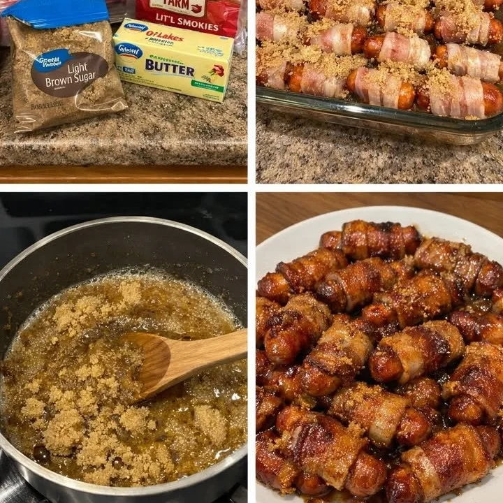 Bacon wrapped smokies with brown sugar and butter on a serving platter