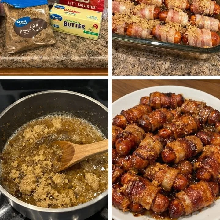 Bacon wrapped smokies topped with brown sugar and butter, served as a tasty appetizer.