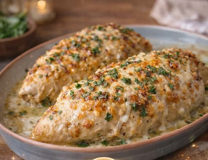 Baked Caesar Chicken served with crisp romaine lettuce and creamy dressing