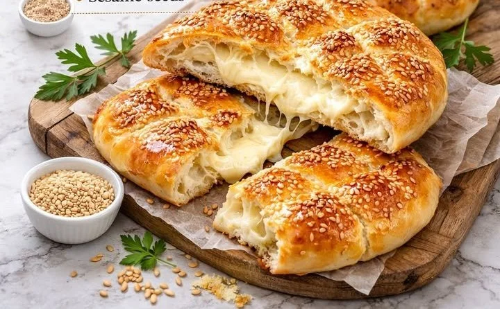 A freshly baked cheese pide, a traditional Turkish cheese pie with melted cheese topping.