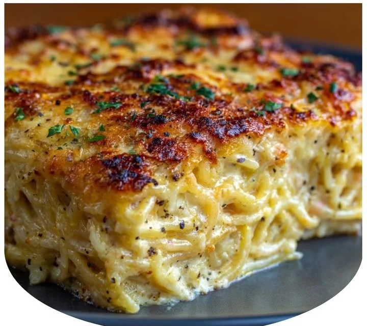 Baked cream cheese spaghetti casserole topped with cheese and herbs