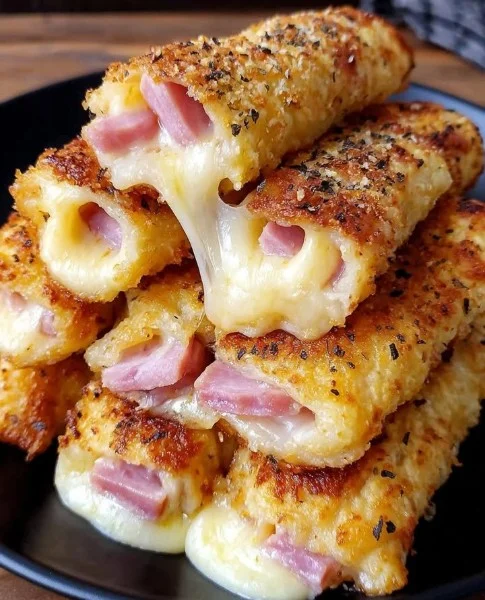 Baked ham cheese mozzarella sticks served on a plate