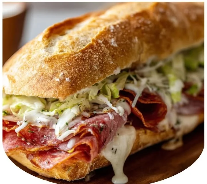 Baked Italian sub sandwich loaded with meats, cheese, and fresh vegetables
