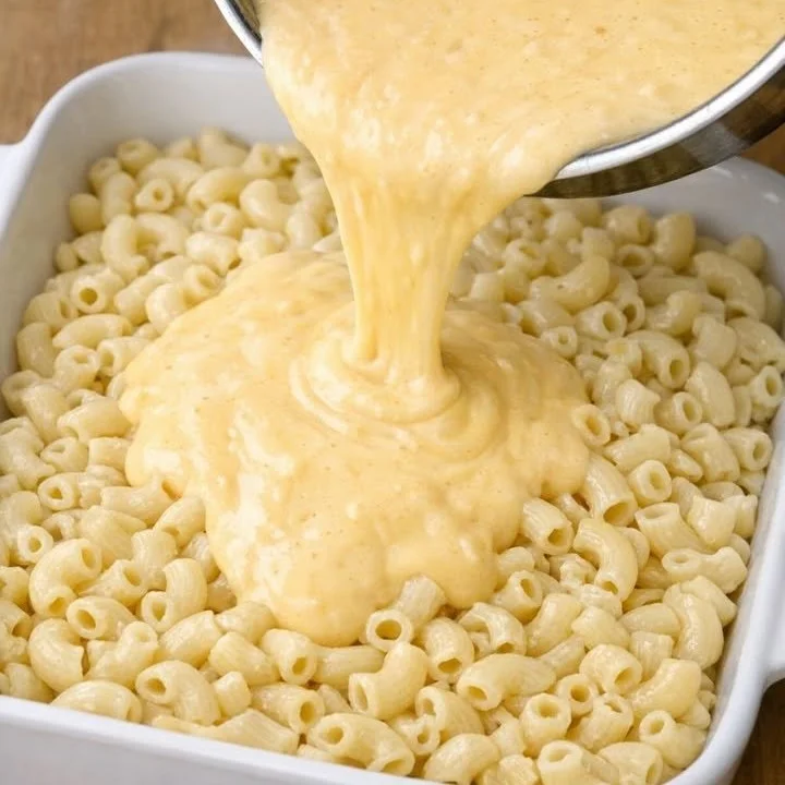 Baked macaroni and cheese topped with breadcrumbs and cheese, served in a baking dish.