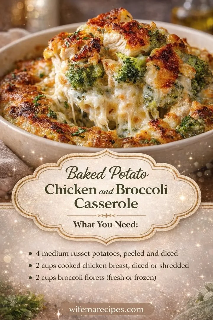 Delicious Baked Potato Chicken and Broccoli Casserole in a serving dish