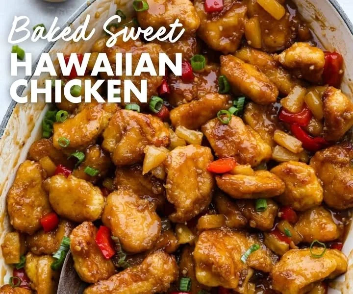 Baked Sweet Hawaiian Chicken served with rice and pineapple garnish