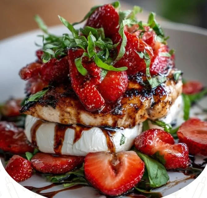 Balsamic Chicken and Strawberry Burrata Stack plated beautifully