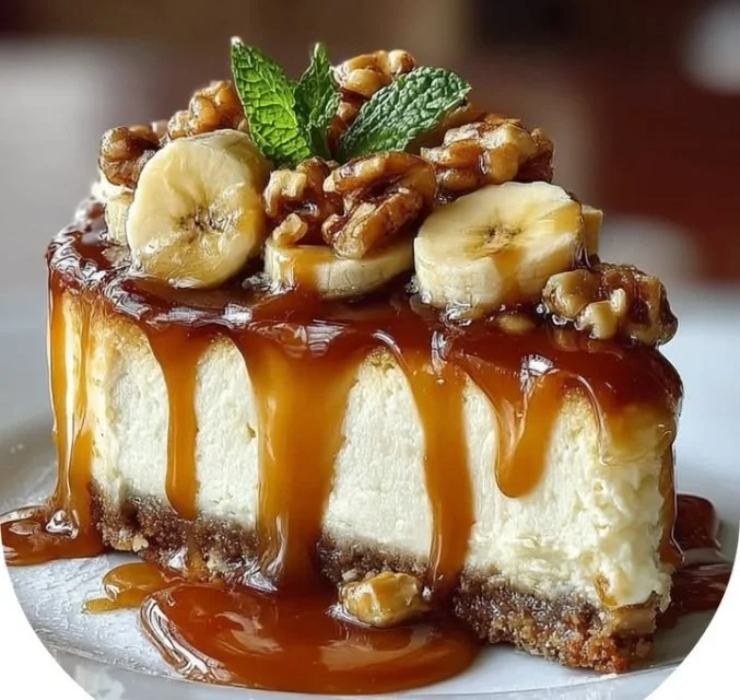 Slice of Banana Caramel Nut Cheesecake topped with caramel and nuts