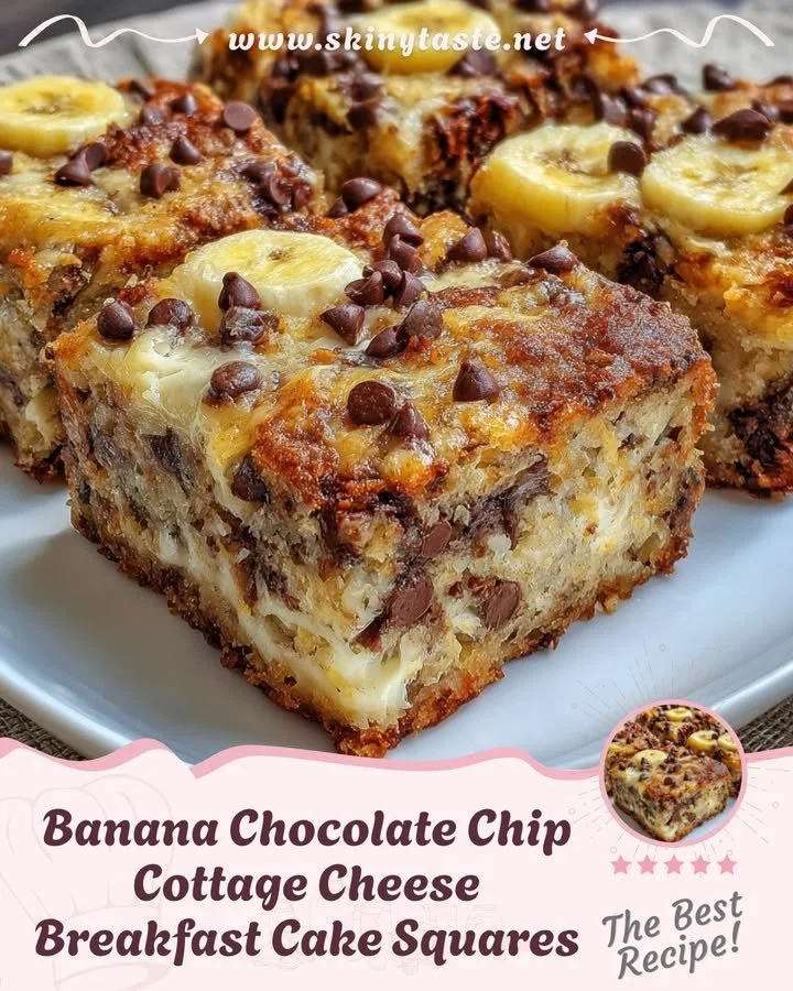 Banana Chocolate Chip Cottage Cheese Breakfast Cake Squares on a plate