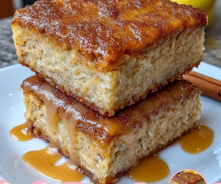 Homemade banana cinnamon breakfast oat squares on a rustic wooden table.