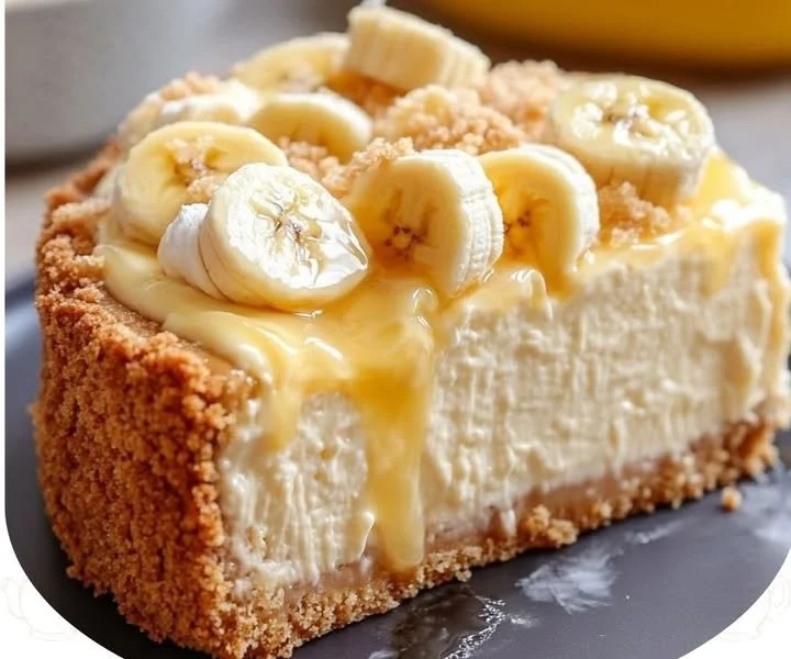Delicious banana pudding cheesecake topped with whipped cream and banana slices.