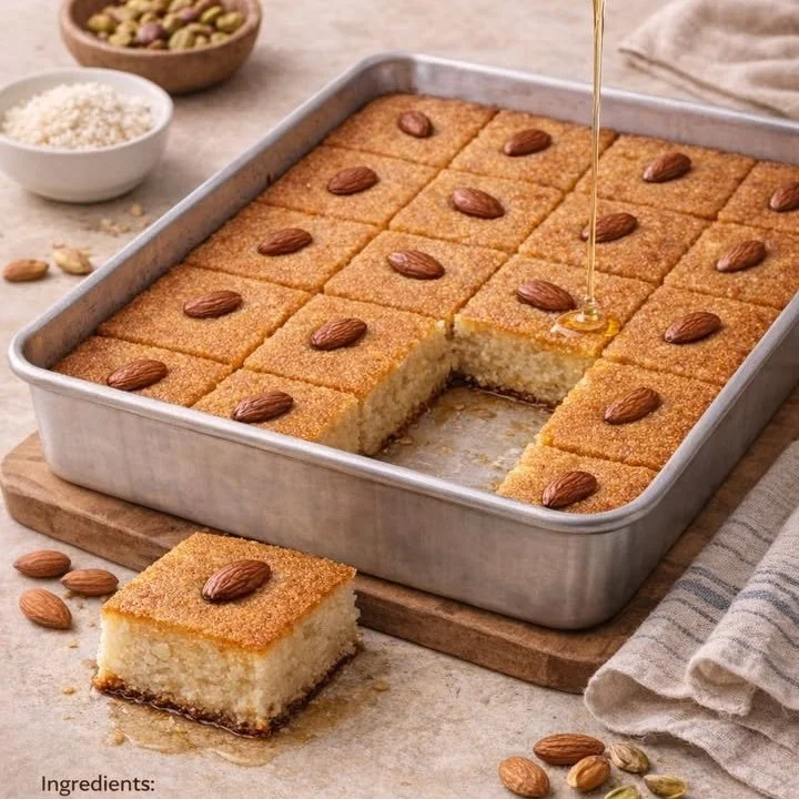 Delicious Basbousa semolina cake with syrup and almonds for dessert