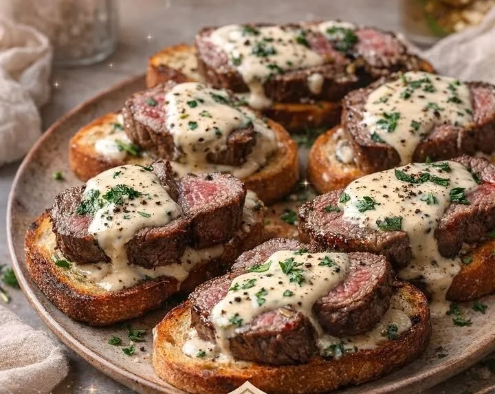 Beef tenderloin crostini with Parmesan cream sauce on a rustic platter