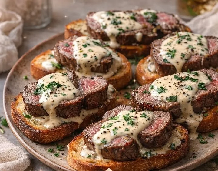 Beef tenderloin crostini served with Parmesan cream sauce on a platter