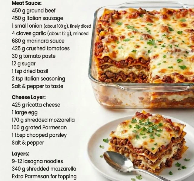 Delicious homemade classic lasagna with rich cheese and layers of pasta