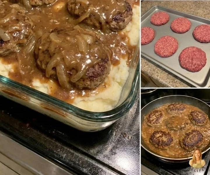 Delicious homemade Salisbury steak served with gravy and mashed potatoes