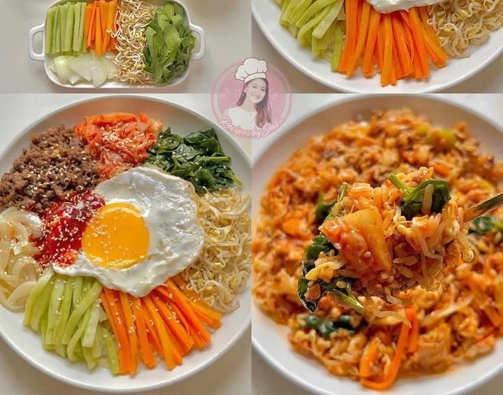 A colorful bowl of bibimbap with vegetables, rice, and sauce, showcasing Korean cuisine.