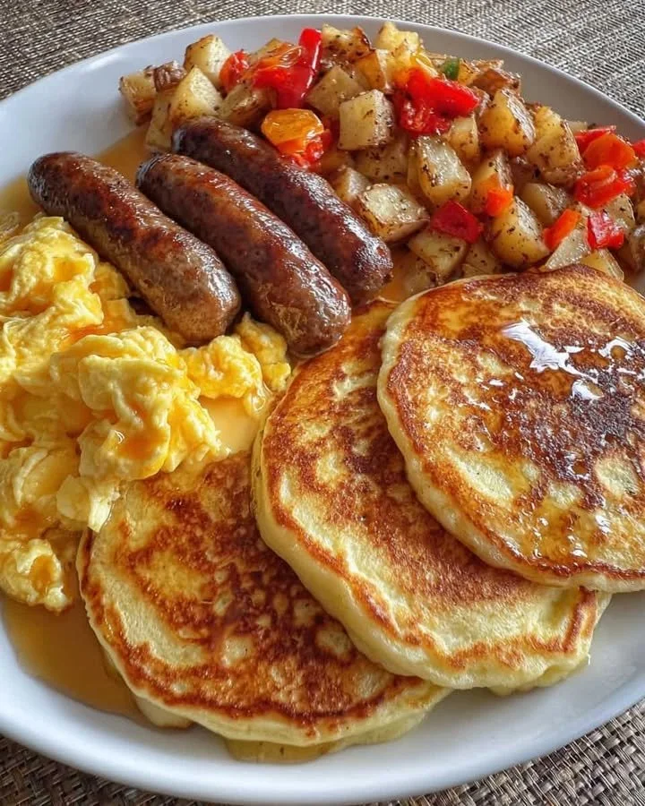 Big Breakfast Plate with pancakes, scrambled eggs, sausage, and home fries