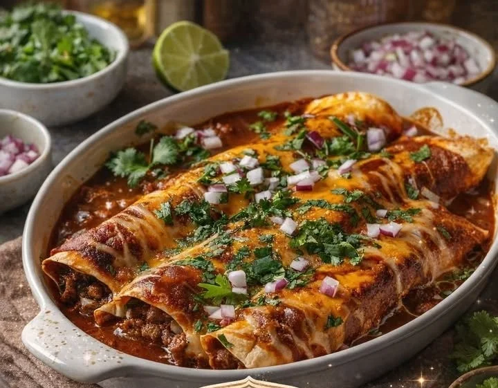 Plate of flavorful Birria Enchiladas topped with cheese and garnished with fresh herbs.