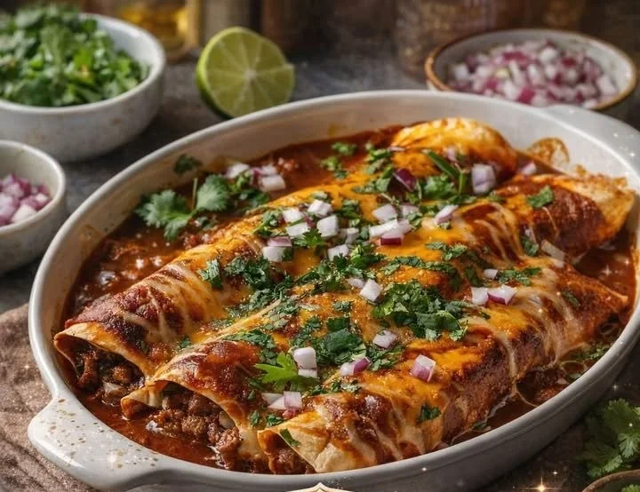 Delicious birria enchiladas topped with savory sauce and cheese
