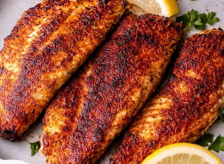 Delicious blackened catfish cooked with spicy seasoning and served with sides.