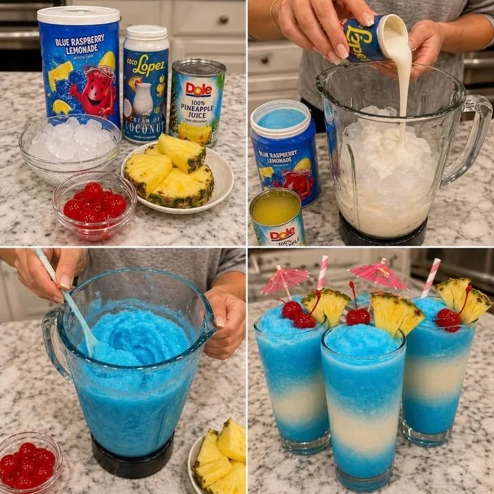 Refreshing Blue Ocean Piña Colada Slush drink served in a tropical glass