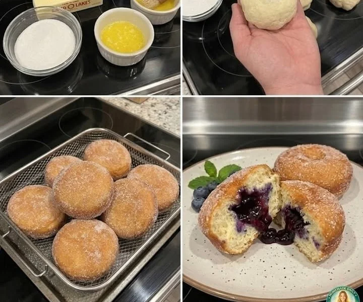 Delicious blueberry biscuit donuts on a wooden table.